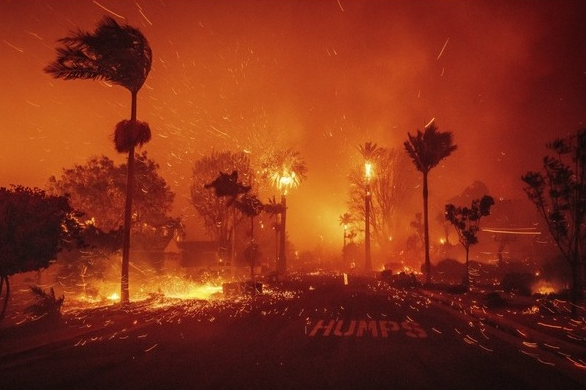 Fire ravages a neighborhood in the Pacific Palisades neighborhood of LA on January 7, 2025. (AP Photo/Ethan Swope) Teddy Bear Project